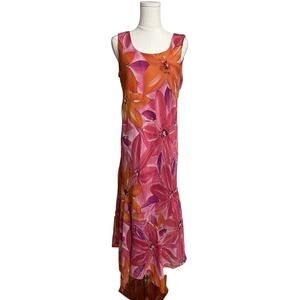 Vintage Y2K Floral Maxi Dress Pink Orange Tropical Bold Flower Print Size 10